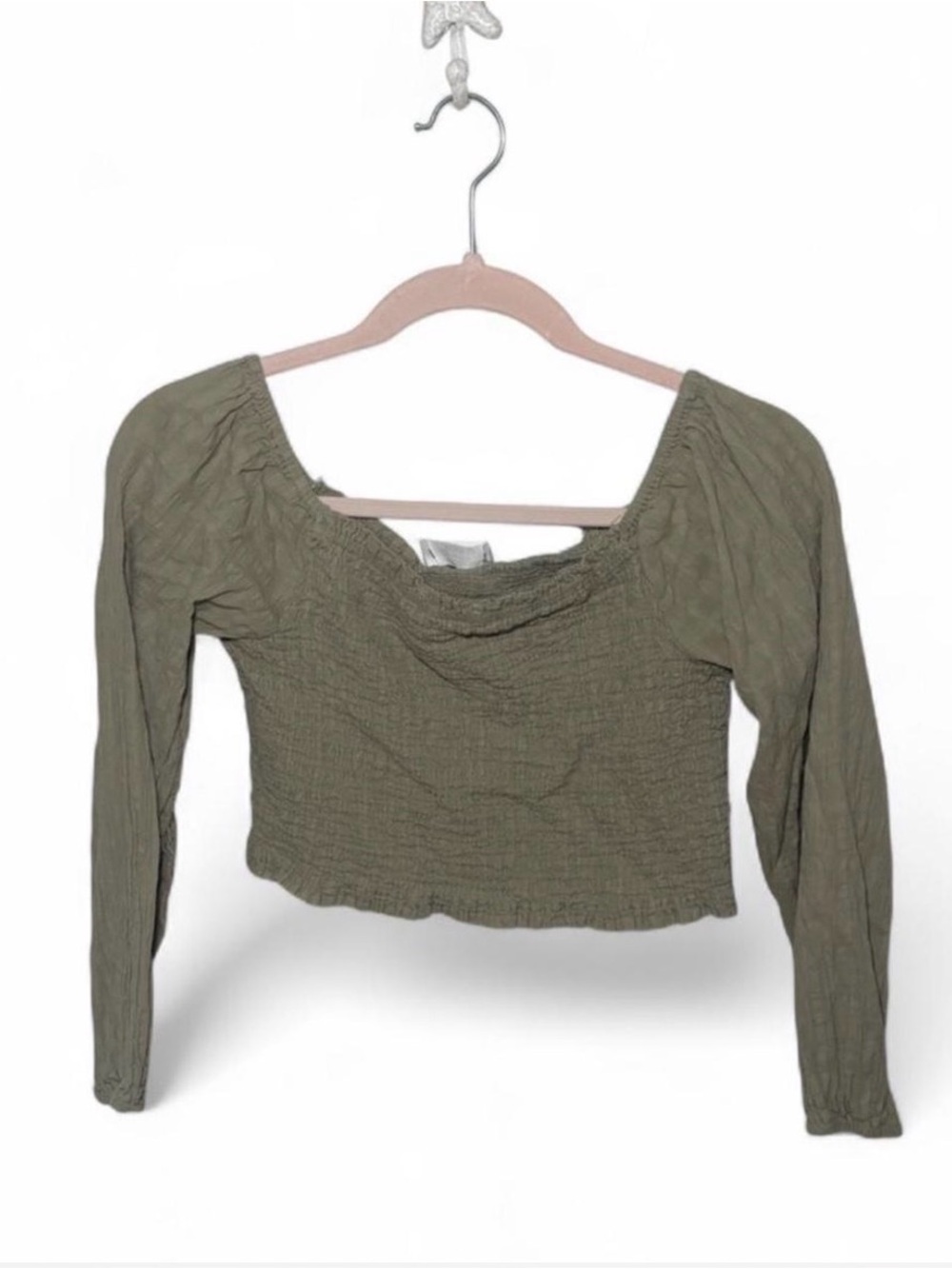 Target Olive Green Smocked Long-Sleeve Crop Top